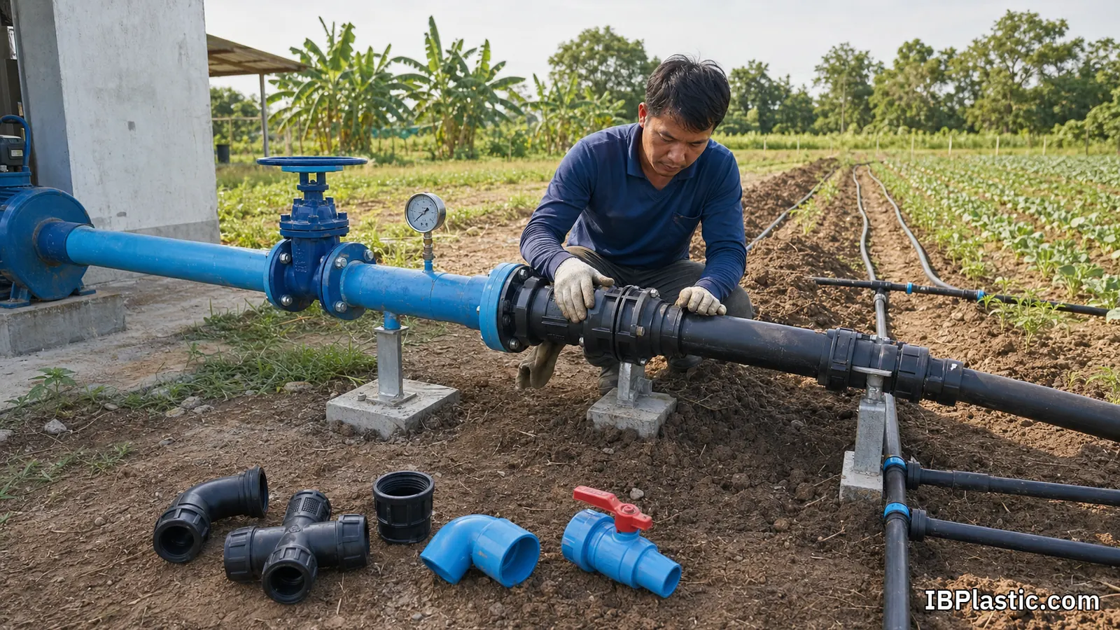 ช่างติดตั้งตรวจจุดเปลี่ยนจากท่อ PVC สีน้ำเงินไปยังท่อ PE สีดำในระบบส่งน้ำแปลงเกษตร
