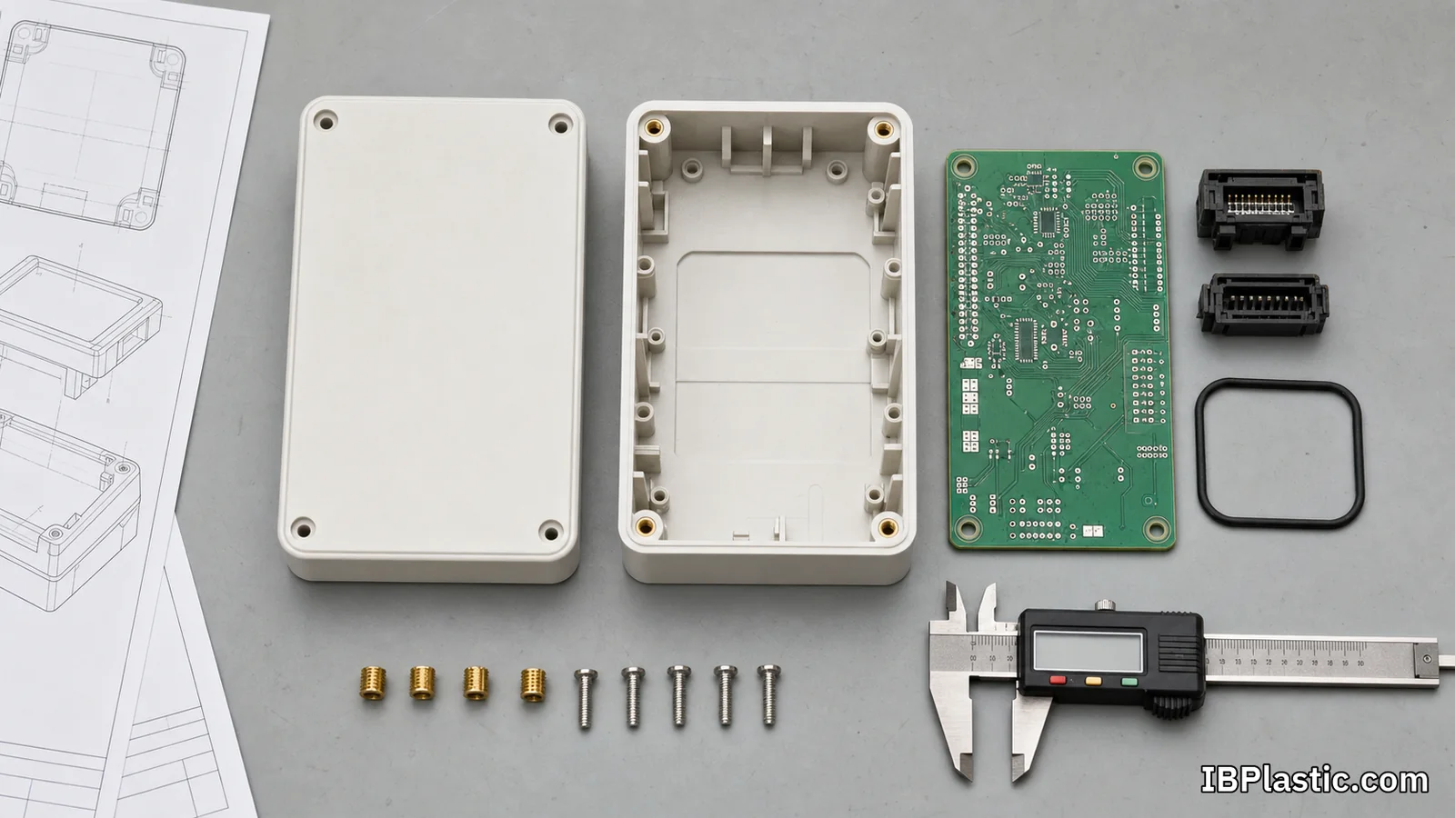 ชุดข้อมูลสั่งผลิตกล่องพลาสติกอิเล็กทรอนิกส์ มีฝา ฐาน PCB คอนเนกเตอร์ ปะเก็น Drawing และเครื่องมือวัด