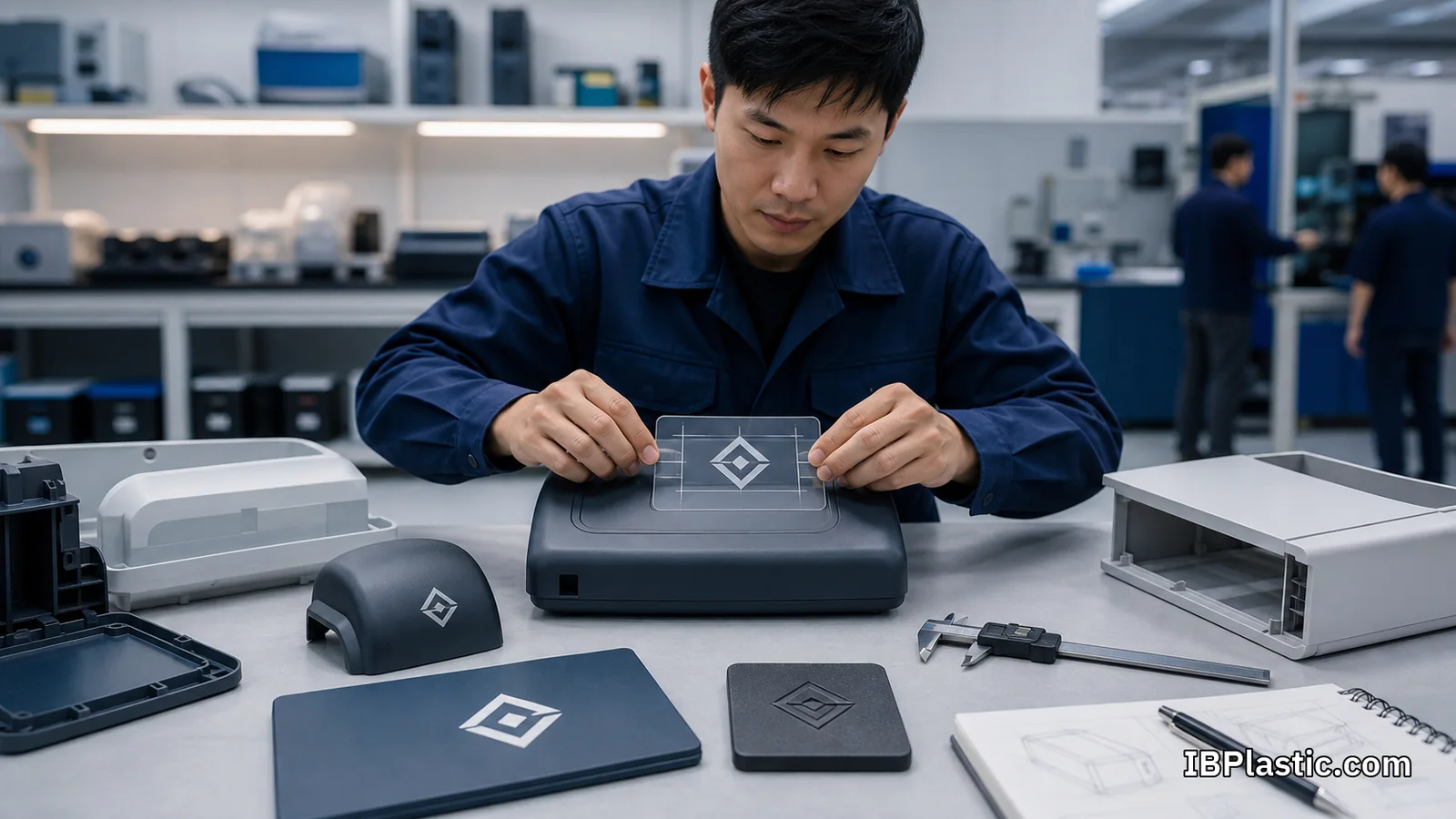 วิศวกรจัดตำแหน่งเครื่องหมายแบรนด์บนตัวอย่างชิ้นงานพลาสติก OEM หลายรูปแบบ