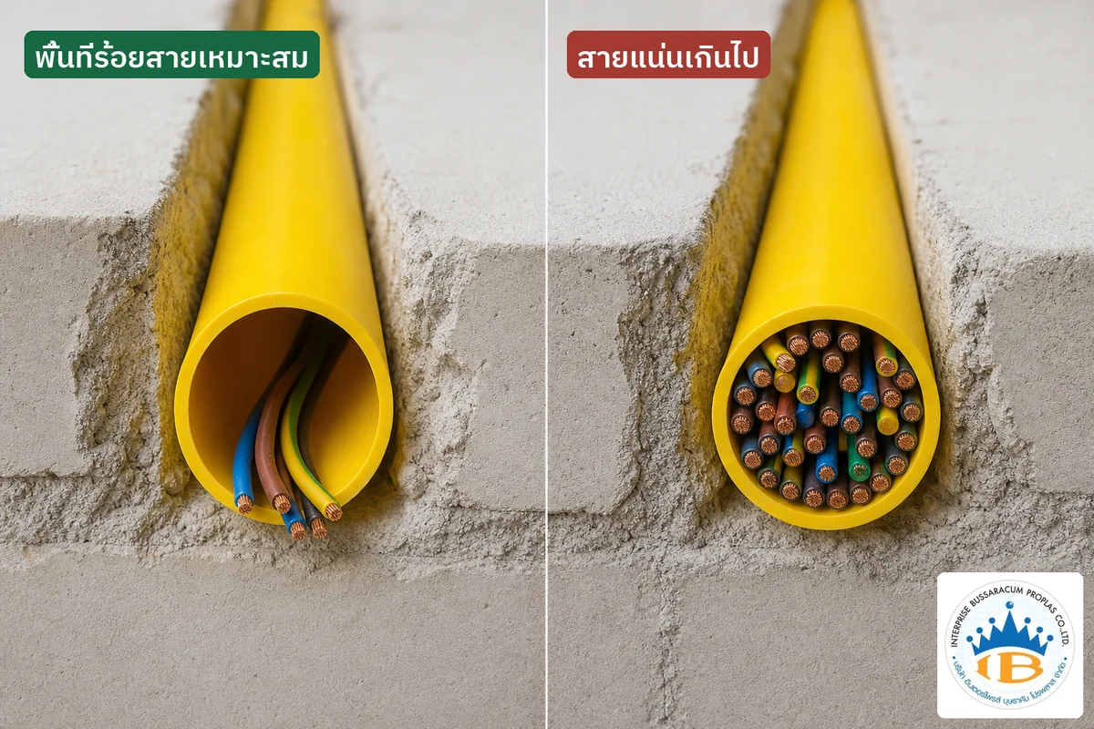 เปรียบเทียบจำนวนสายไฟที่เหมาะสมกับการยัดสายแน่นเกินไปภายในท่อร้อยสายไฟสีเหลือง