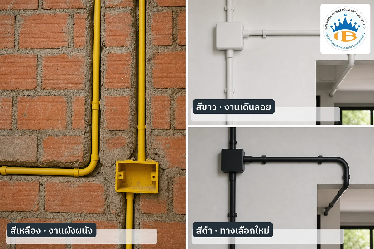 เปรียบเทียบท่อร้อยสายไฟสีเหลืองสำหรับงานฝังผนัง สีขาวสำหรับงานเดินลอย และสีดำซึ่งเป็นทางเลือกใหม่