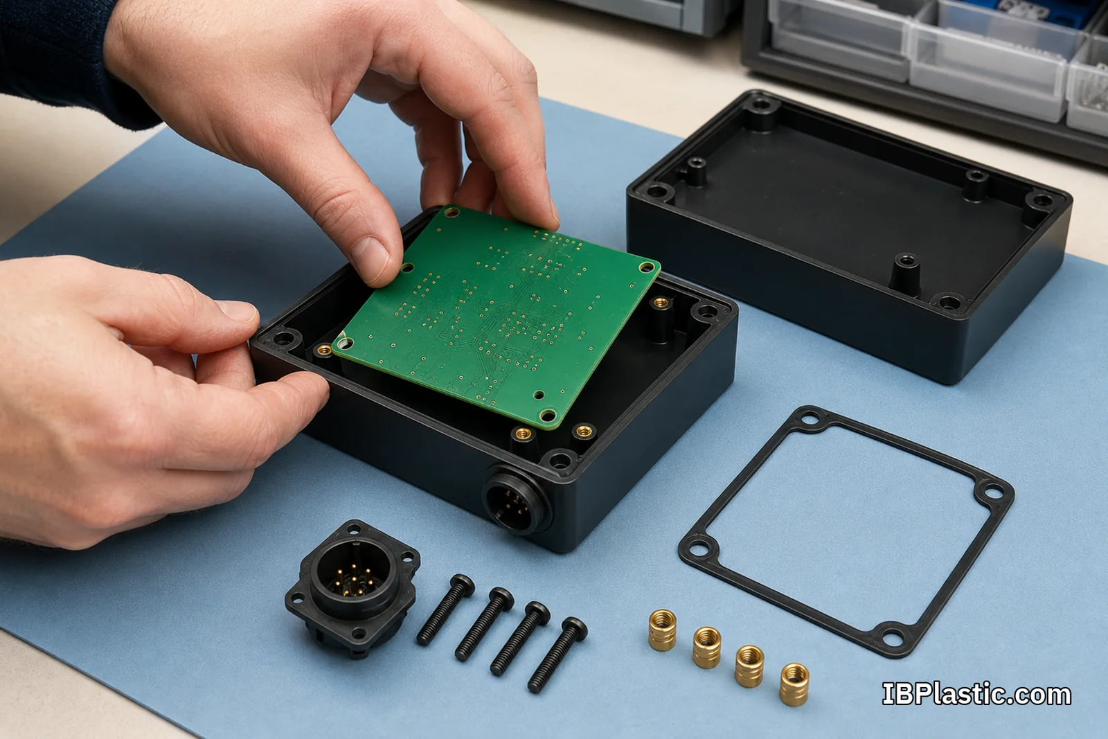 วิศวกรทดลองวาง PCB ลงในฐานกล่องพลาสติกพร้อมตรวจตำแหน่ง boss คอนเนกเตอร์ ปะเก็น insert และสกรู