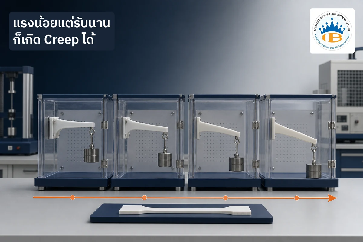 ชิ้นส่วนพลาสติกที่รับน้ำหนักเท่ากันเกิดการโก่งเพิ่มขึ้นตามเวลาภายใต้แรงต่อเนื่อง
