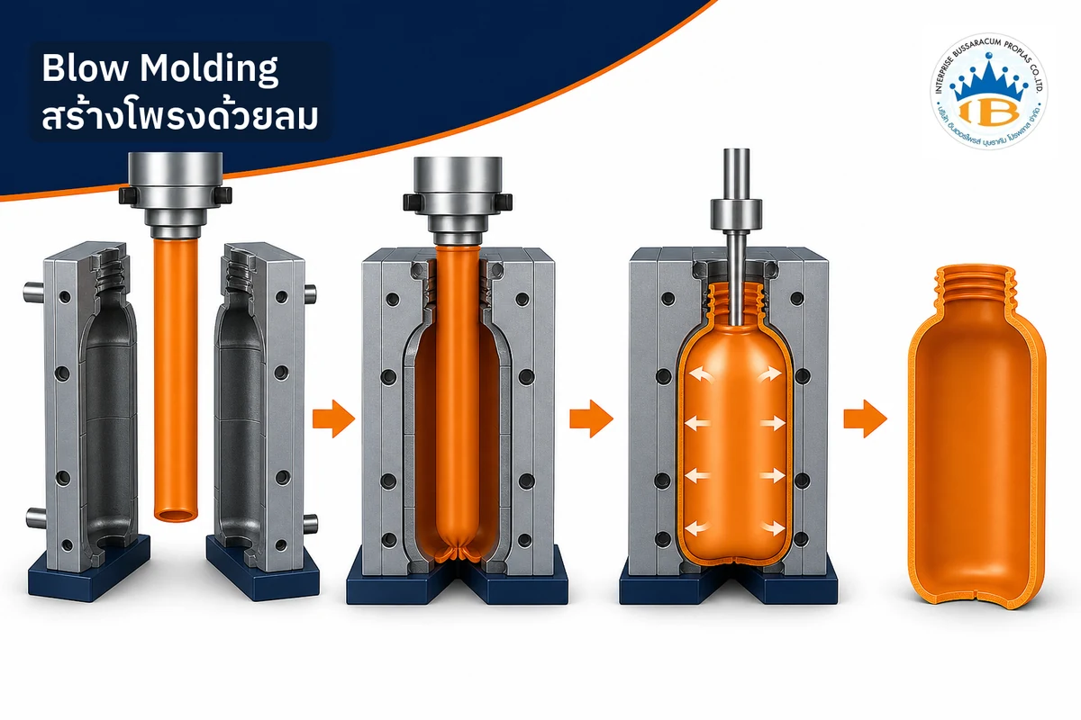 ลำดับ Extrusion Blow Molding จาก Parison แม่พิมพ์ปิด เป่าลม จนได้ขวดกลวง