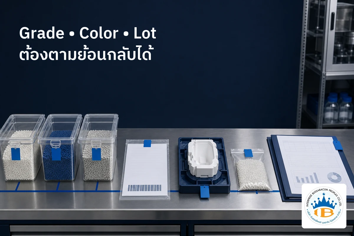 ลำดับการตรวจสอบย้อนกลับจากวัตถุดิบ Grade สี และ Lot ไปยังชิ้นงาน ตัวอย่างเก็บ และเอกสารการตรวจ