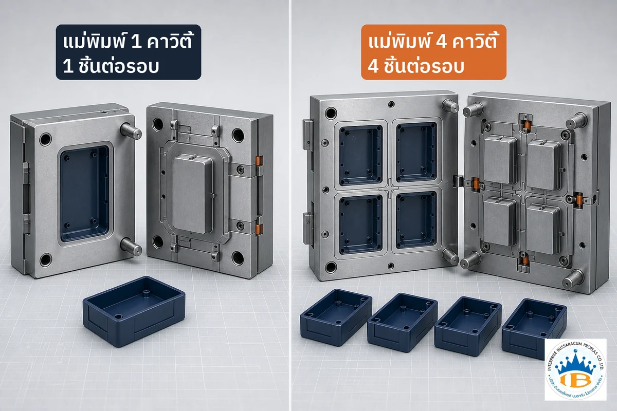 เปรียบเทียบแม่พิมพ์ฉีดพลาสติกหนึ่งคาวิตี้กับสี่คาวิตี้และจำนวนชิ้นงานที่ผลิตได้ต่อรอบ