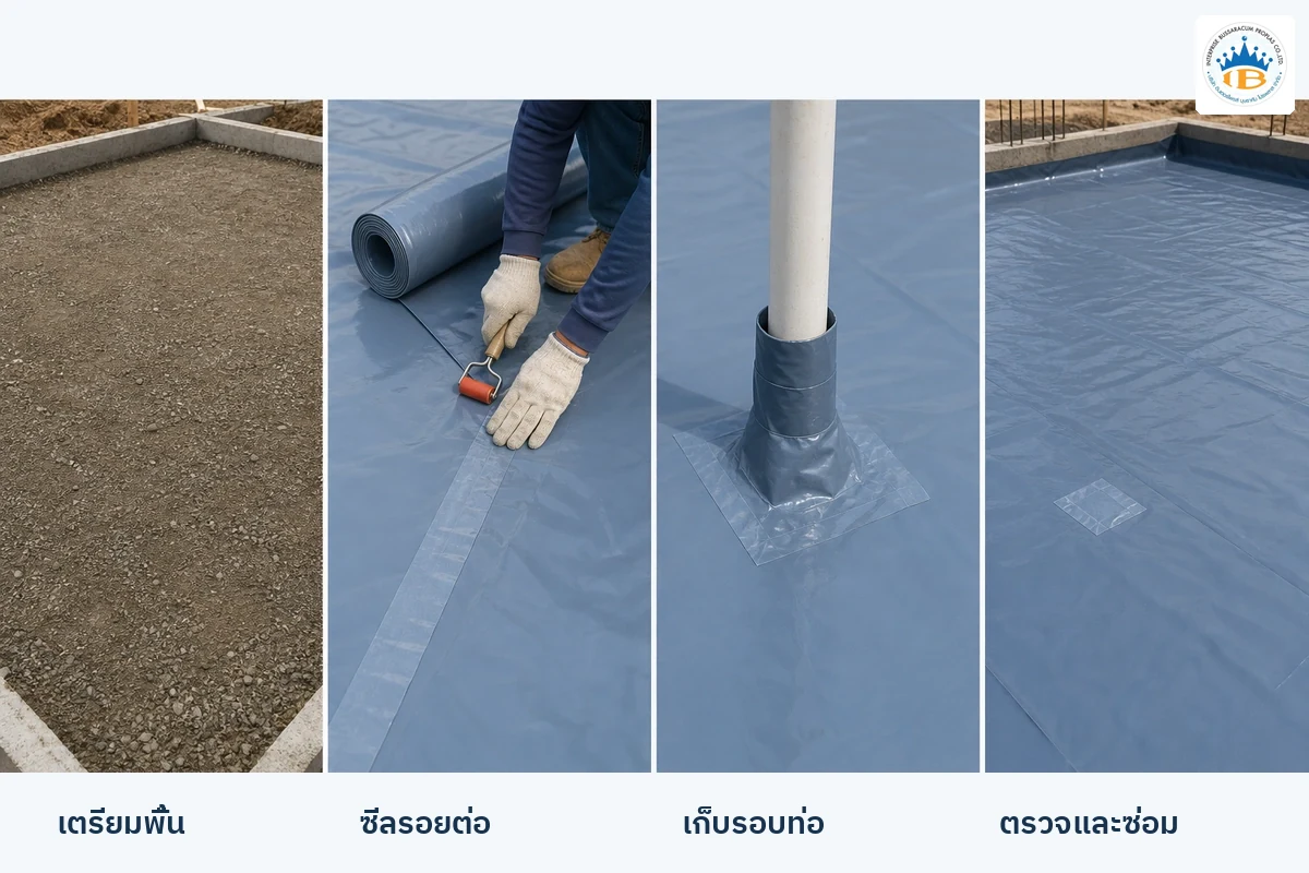 ขั้นตอนเตรียมพื้น ซีลรอยต่อ เก็บรอบท่อ และตรวจซ่อมแผ่นกันชื้น