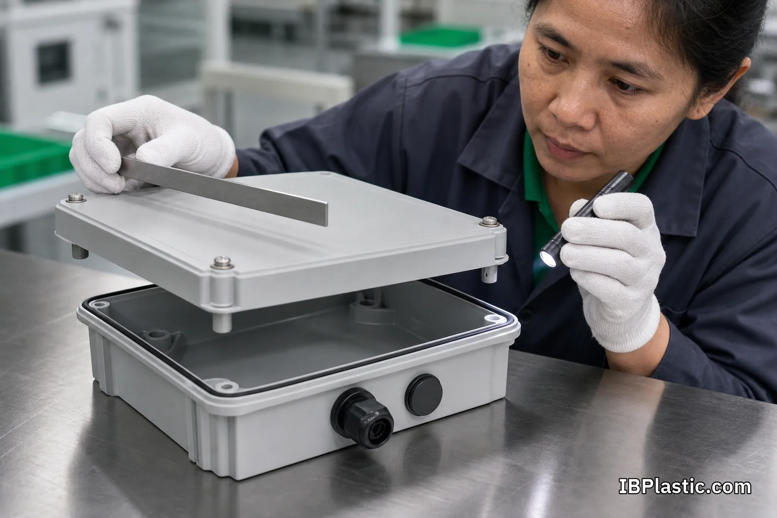 เจ้าหน้าที่ตรวจฝา ร่องปะเก็น สกรู cable gland และจุกอุดของกล่องไฟฟ้าพลาสติกก่อนประกอบ