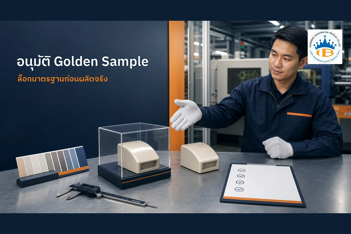 เจ้าหน้าที่คุณภาพตรวจและอนุมัติ Golden Sample เป็นมาตรฐานก่อนผลิตพลาสติกจริง