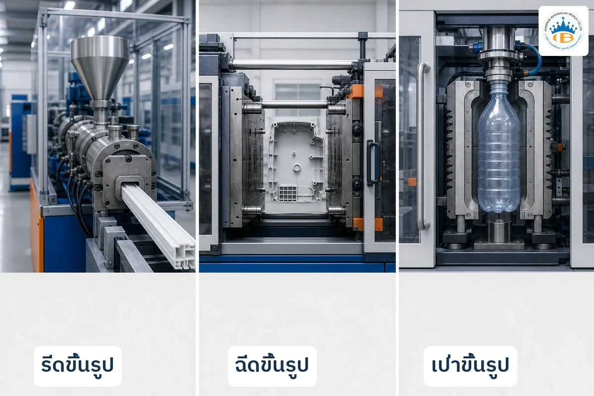 กระบวนการผลิตพลาสติกแบบรีดขึ้นรูป ฉีดขึ้นรูป และเป่าขึ้นรูป