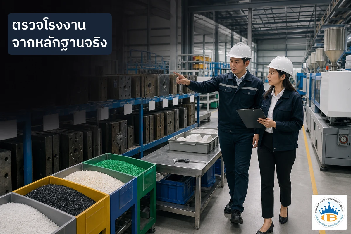 ทีมจัดซื้อเดินตรวจการจัดเก็บแม่พิมพ์ วัตถุดิบ จุดตรวจคุณภาพ และเครื่องจักรในโรงงานพลาสติก