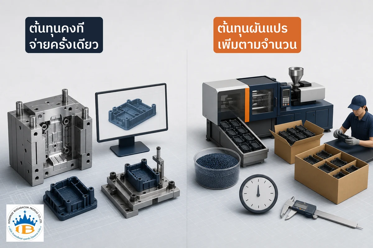 เปรียบเทียบต้นทุนคงที่จากการพัฒนาและแม่พิมพ์กับต้นทุนผันแปรจากวัสดุ เวลาเครื่อง แรงงาน และบรรจุภัณฑ์