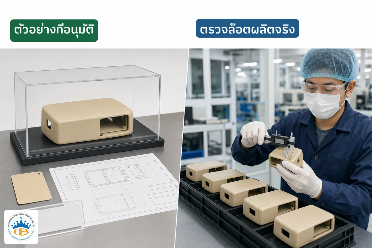 เปรียบเทียบตัวอย่างพลาสติกที่อนุมัติกับการตรวจขนาดชิ้นงานจากล็อตผลิตจริง