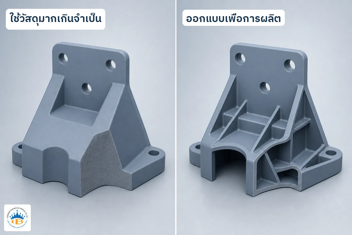 เปรียบเทียบชิ้นส่วนพลาสติกแบบหนาเกินจำเป็นกับแบบผนังสม่ำเสมอและมีครีบเสริม