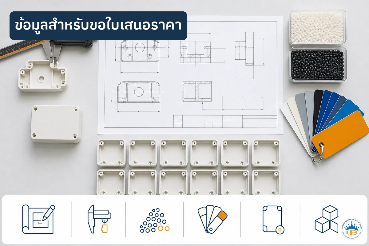 ข้อมูลสำหรับขอใบเสนอราคาสินค้าพลาสติก เช่น แบบ ขนาด วัสดุ สี ตัวอย่าง และจำนวนผลิต