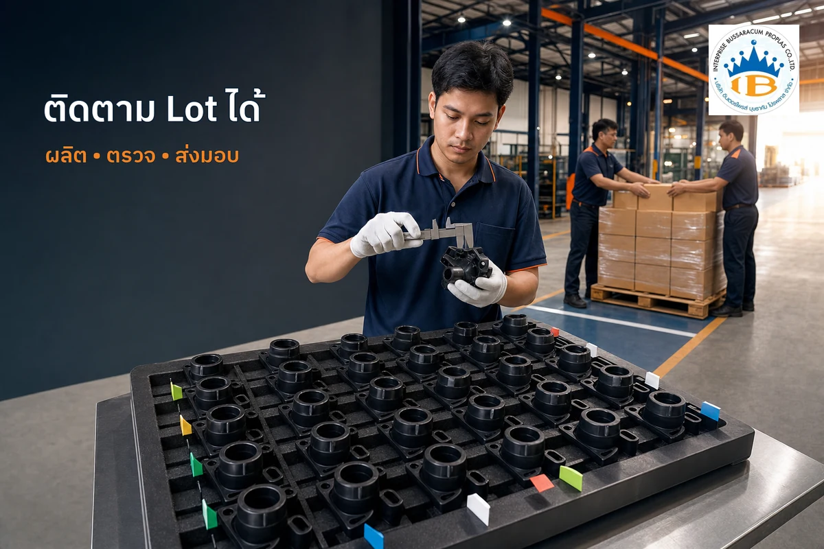 การตรวจชิ้นงานพลาสติกตามล็อตและเตรียมบรรจุส่งมอบเพื่อให้ติดตามย้อนกลับได้