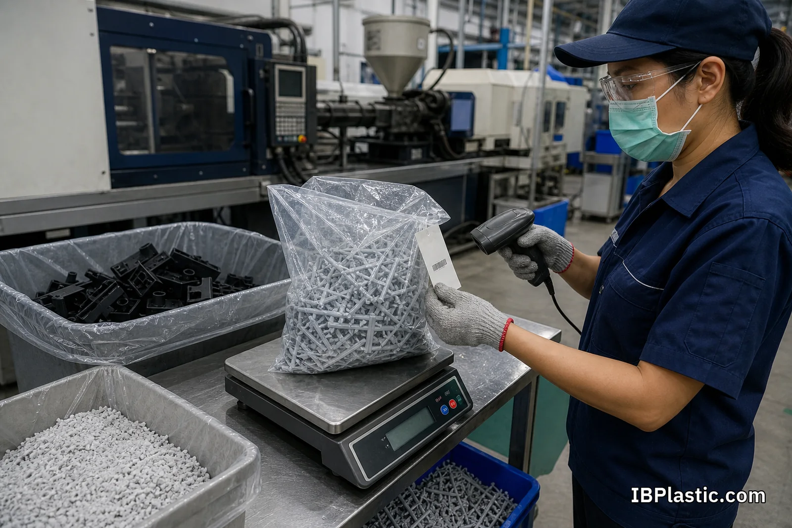พนักงานชั่งและแยก runner ชิ้นงานเสีย และเศษบดตามชนิดวัสดุเพื่อทำ Material Balance