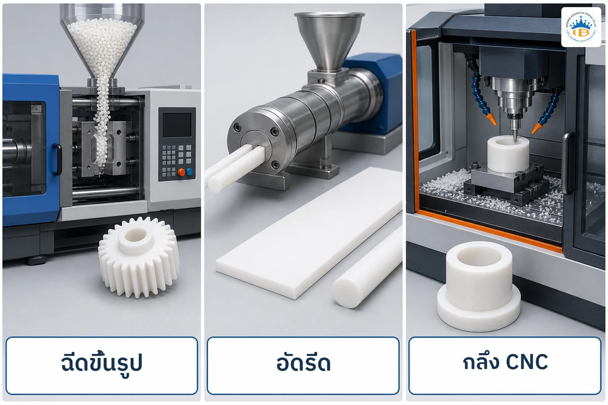 ภาพแสดงการผลิต POM ด้วยการฉีดขึ้นรูป อัดรีด และกลึง CNC