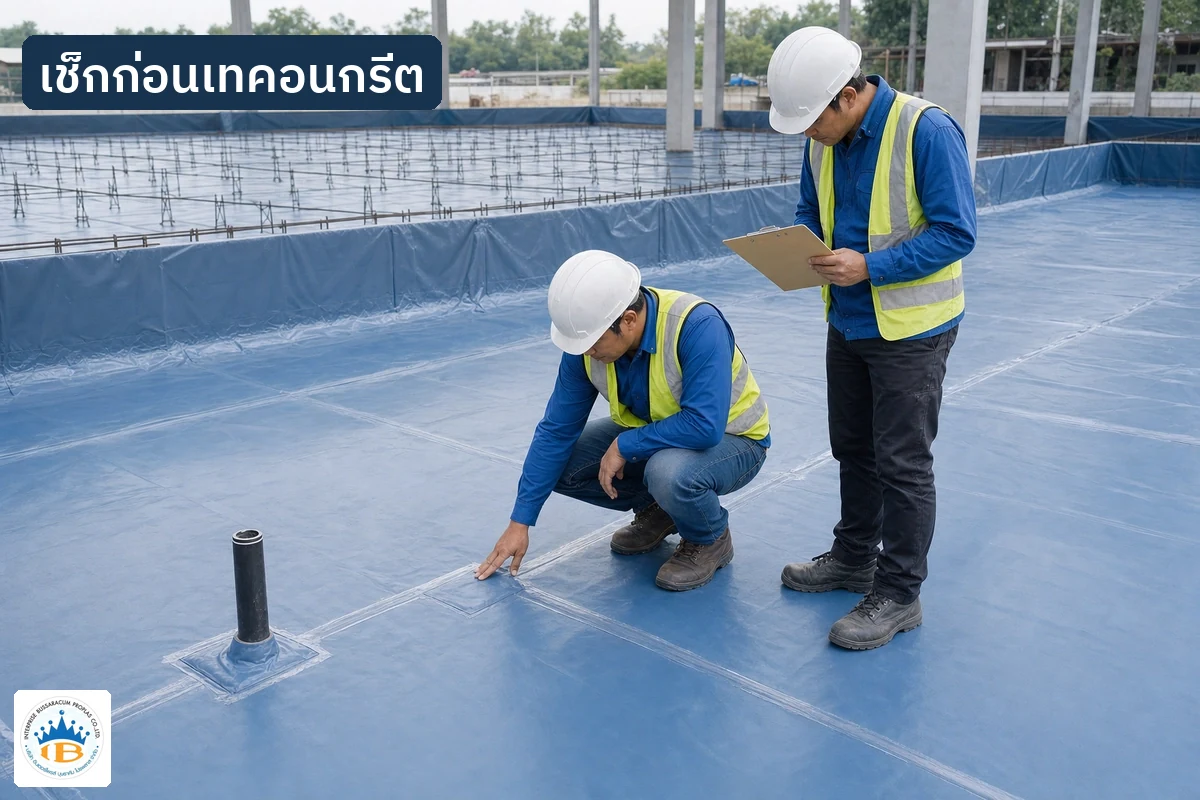 ผู้ควบคุมงานตรวจรอยต่อ จุดซ่อม และความต่อเนื่องของแผ่นกันชื้นก่อนเทคอนกรีต