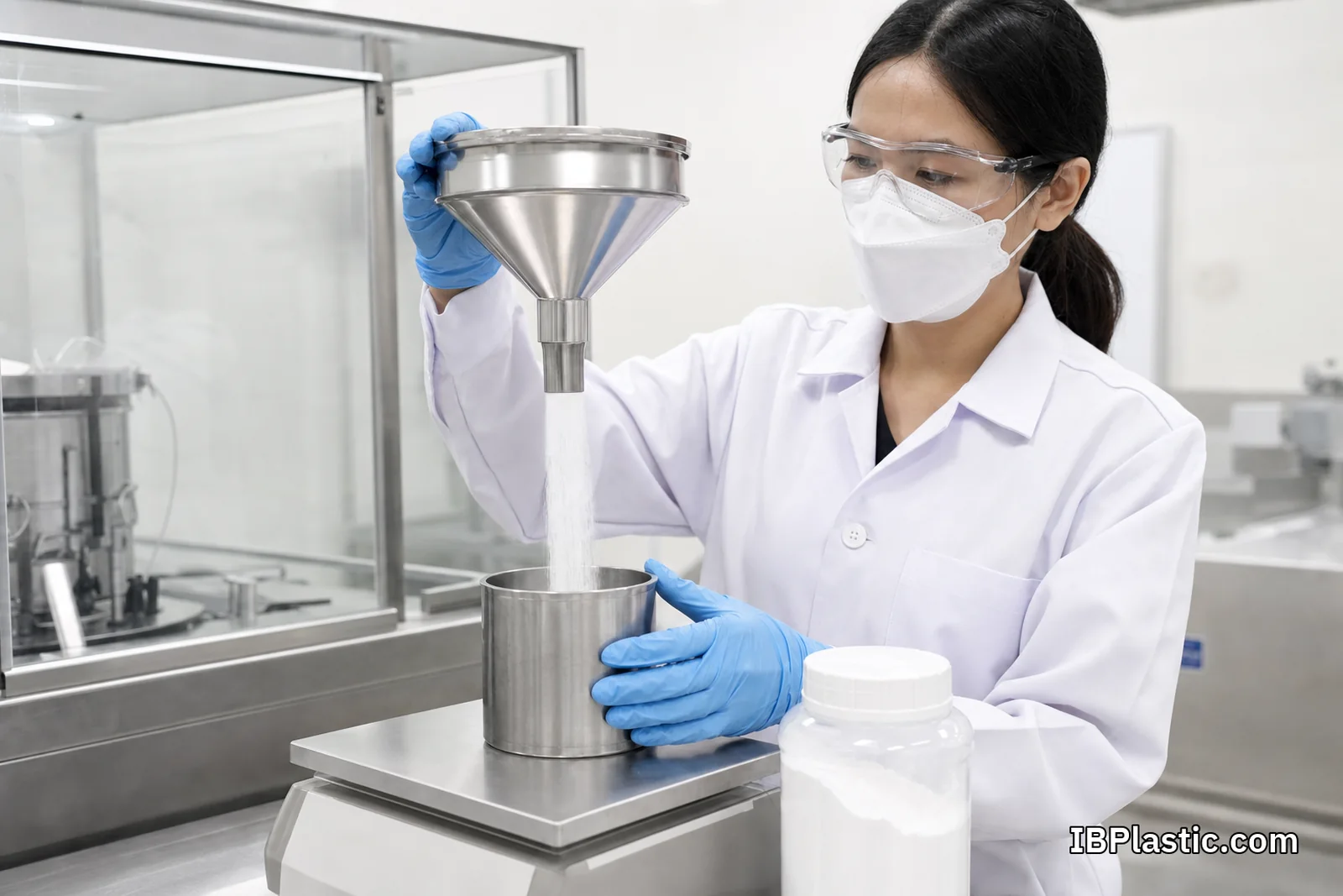 นักวิเคราะห์ปล่อยผง PVC Resin ผ่านกรวยลงภาชนะบนเครื่องชั่งเพื่อตรวจ apparent density และการไหลตัว