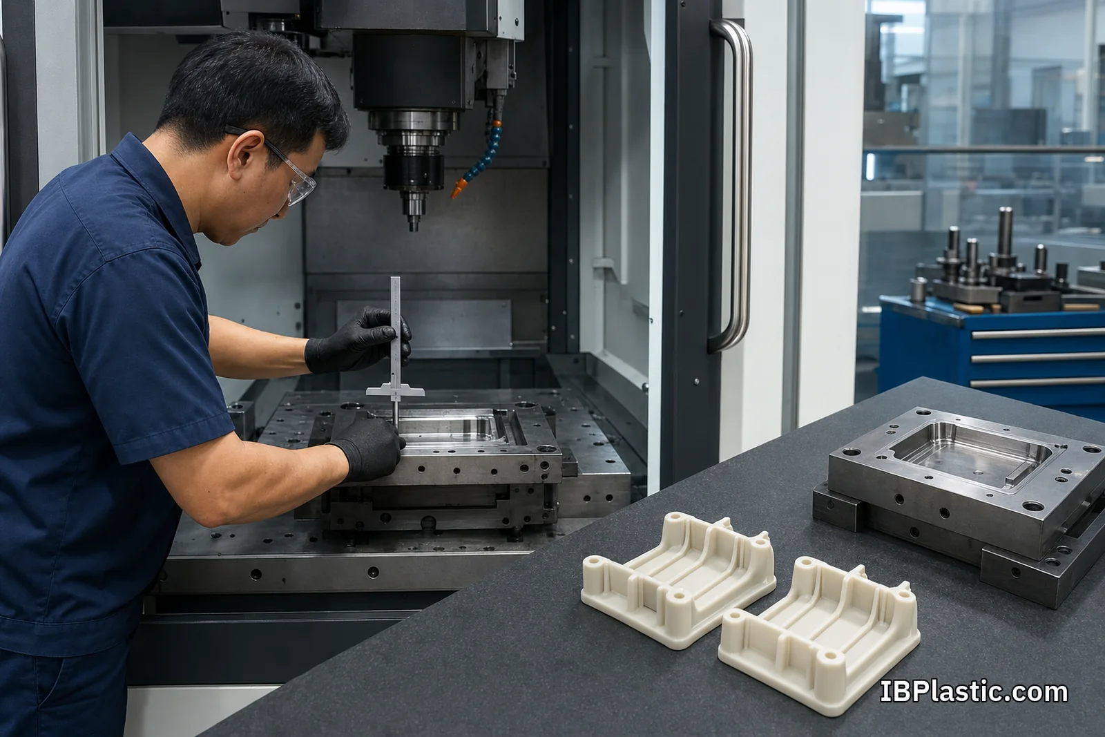 ช่างวัด Cavity Insert หลัง CNC กัดเหล็กออก พร้อมชิ้นงานก่อนและหลังเพิ่ม Rib ตามหลัก Steel-safe