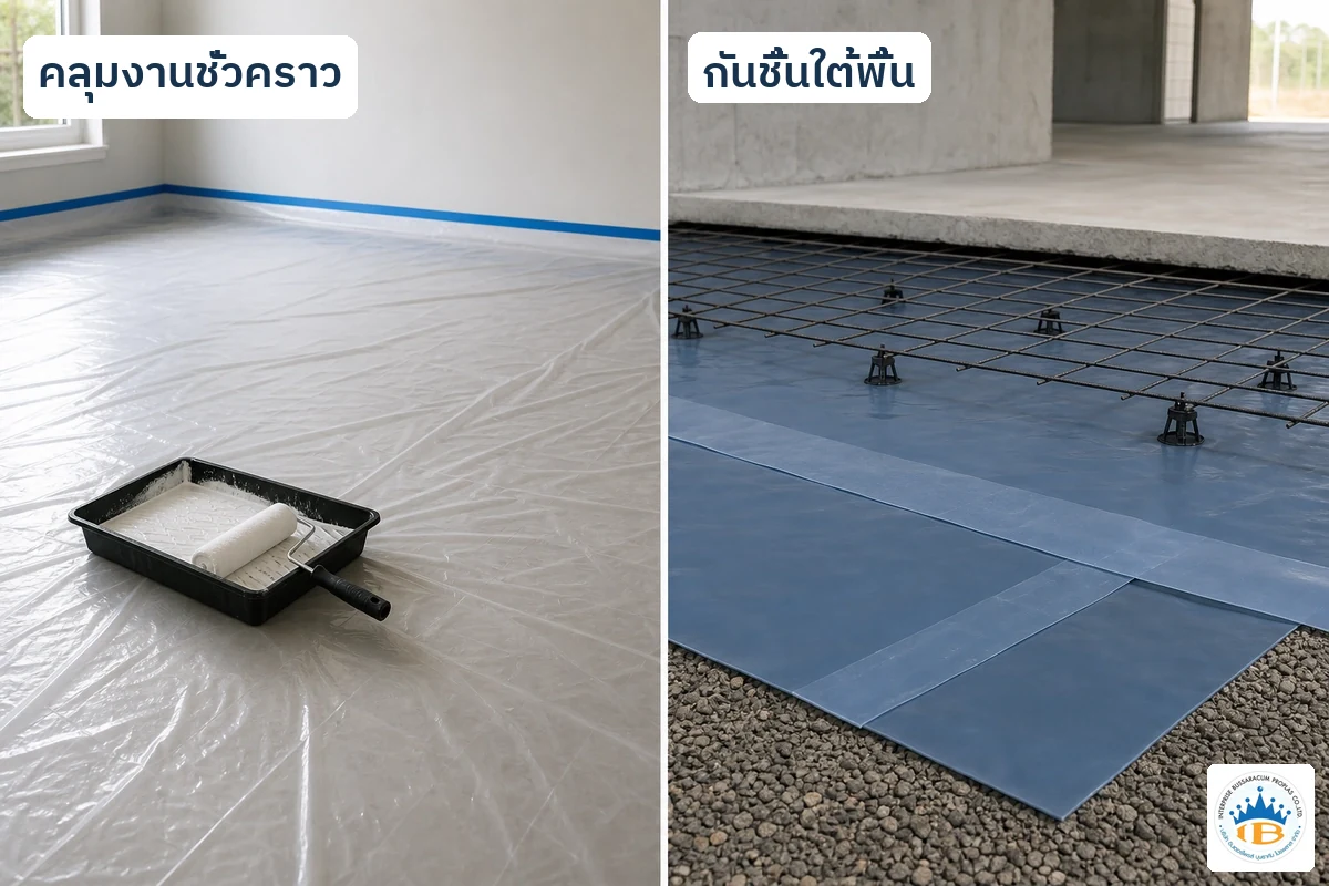เปรียบเทียบแผ่นพลาสติกคลุมงานชั่วคราวกับแผ่นกันชื้นใต้พื้นคอนกรีต