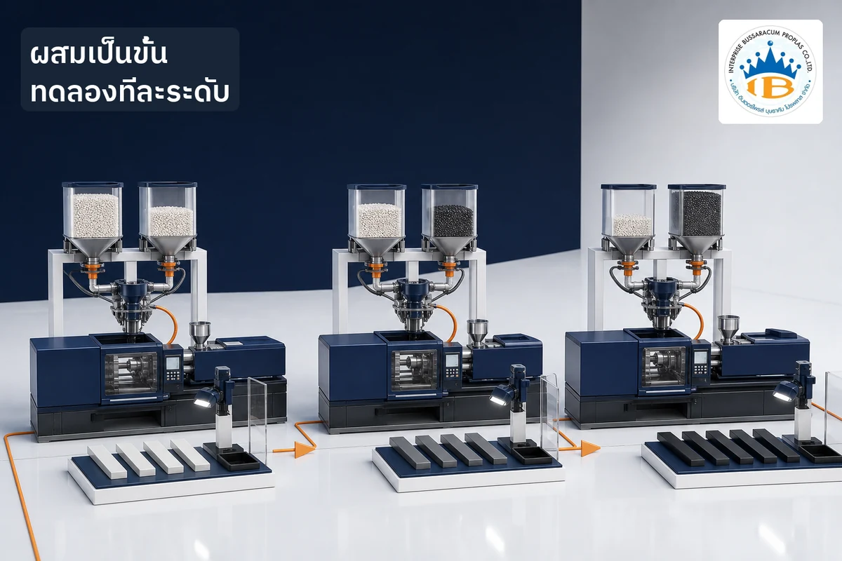 การทดลองผสมพลาสติกใหม่กับพลาสติกรีไซเคิลเป็นขั้นและตรวจชิ้นงานทุกระดับ